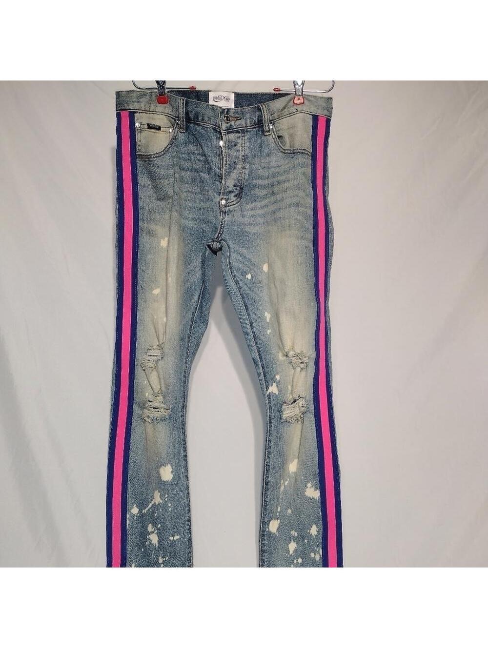 EUC MACKEEN Pink And Blue Side Stripe Bleach Wash Distressed Jeans size 34 Y2k